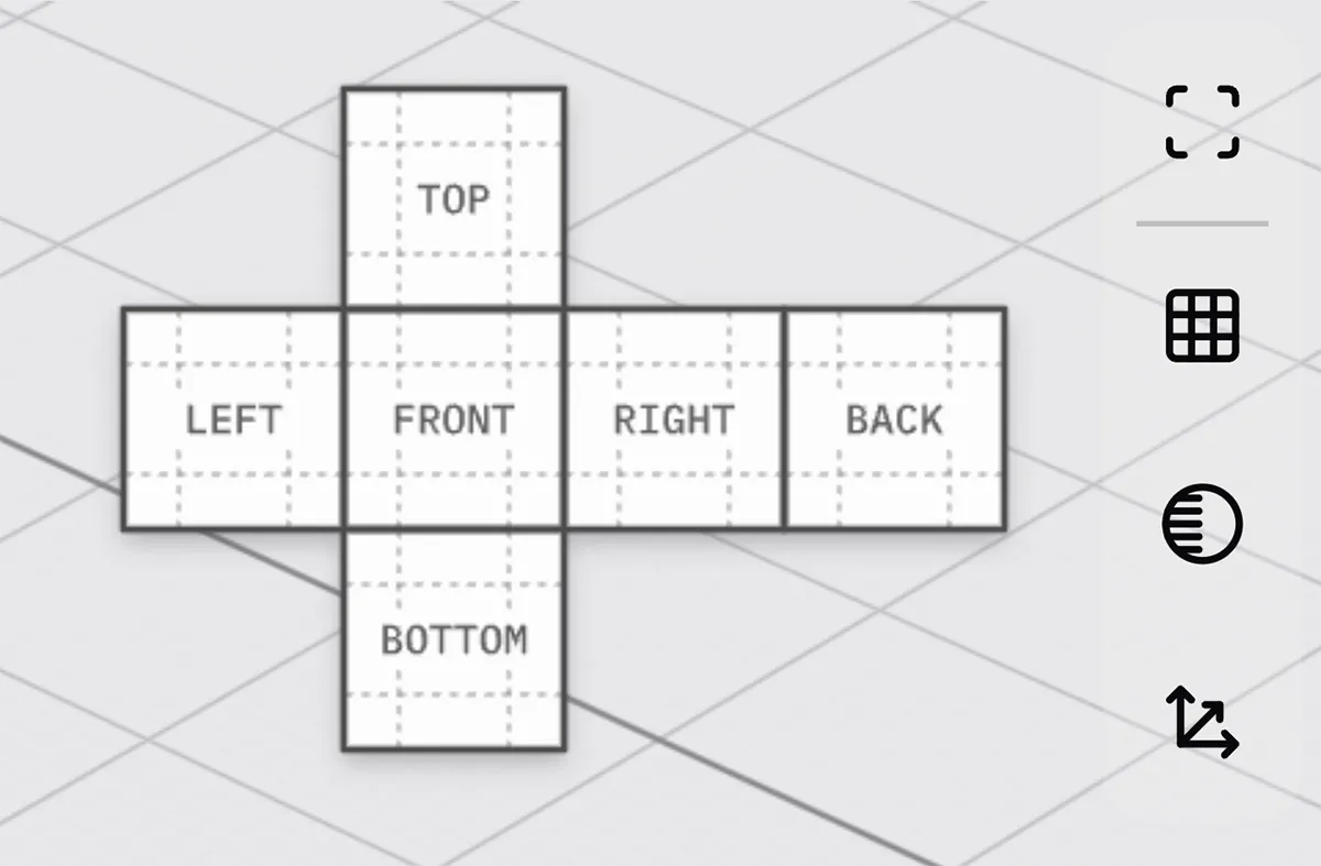 Close-up of the top-right corner of the 3D view, showing the navigation control as an unfolded box with Top, Left, Front, Right, Back, and Bottom faces, next to the toolbar's Center 3D View, Ground Plane, Shadow, and Origin buttons