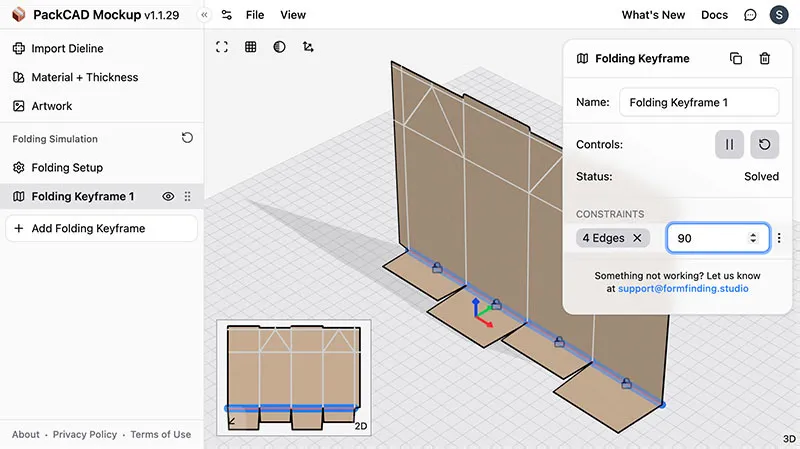 Folding Keyframe detail menu showing a single constraint group with 4 creases set to 90°, with the 3D model partially folded