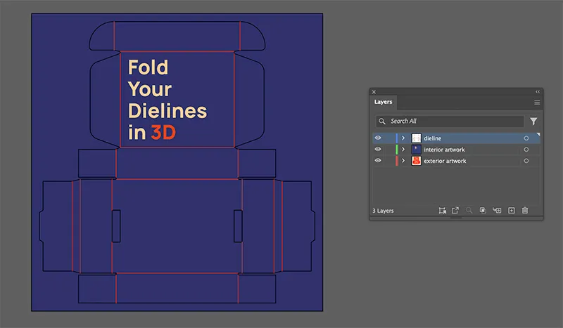 Illustrator Layers panel showing a dieline layer and separate interior and exterior artwork layers for a mailer box design
