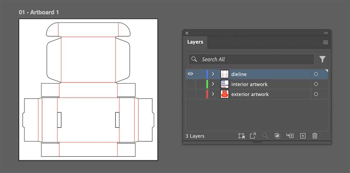 Illustrator Layers panel showing three layers — dieline, interior artwork, and exterior artwork — with the mailer box dieline visible on the artboard