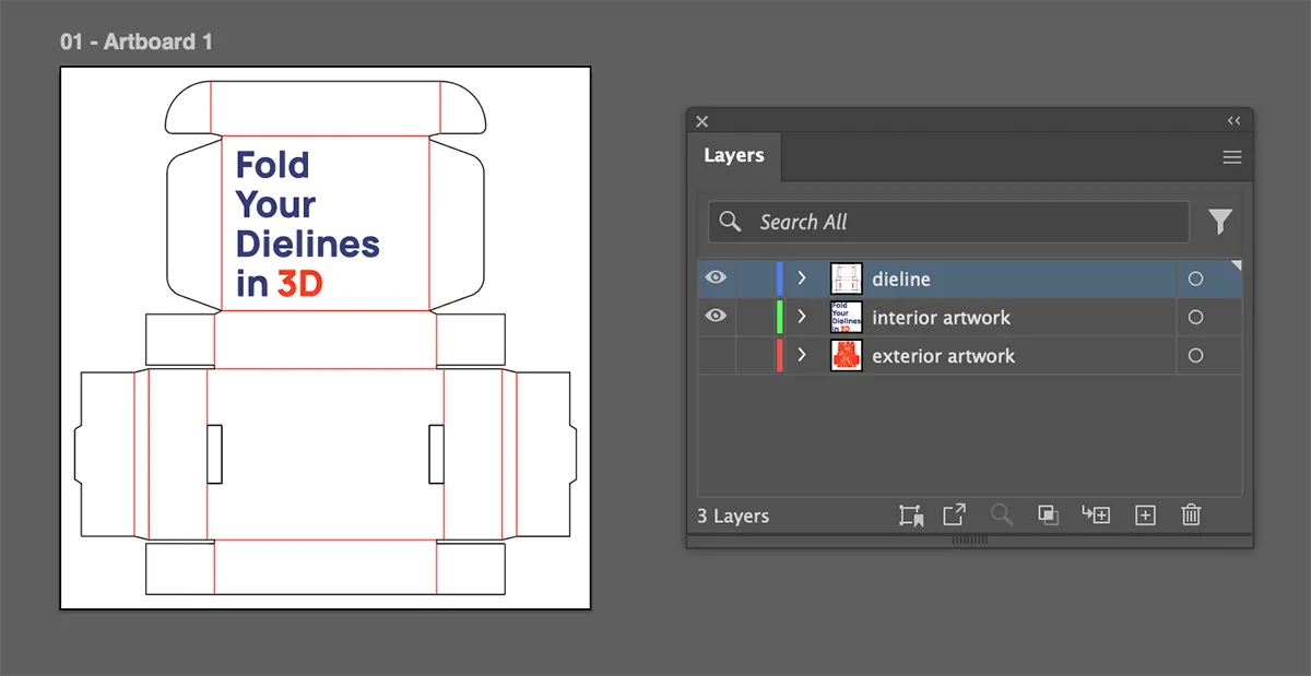 Illustrator Layers panel showing a dieline layer and separate interior and exterior artwork layers for a mailer box design