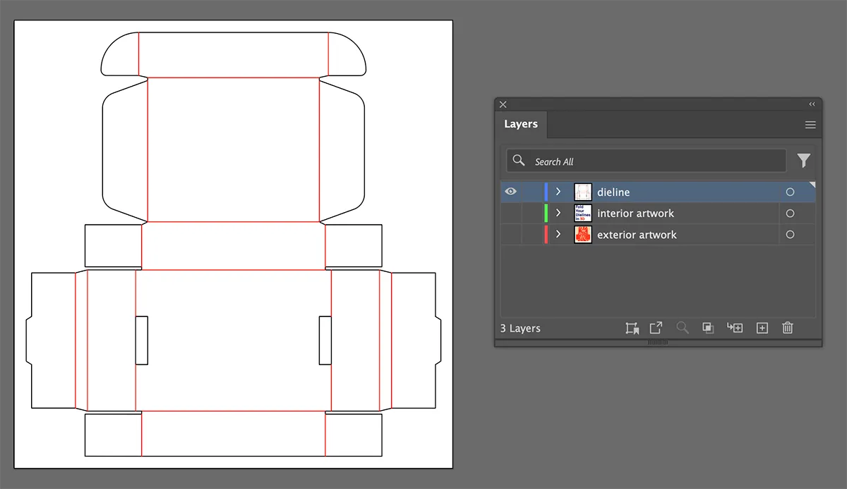 Adobe Illustrator file with dieline and artwork layers used as input for PackCAD Mockup