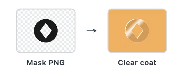 A black logo on a transparent background, next to the same logo as a glossy clear coat on a printed panel