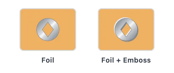 A flat silver foil logo, next to the same foil logo raised from the panel