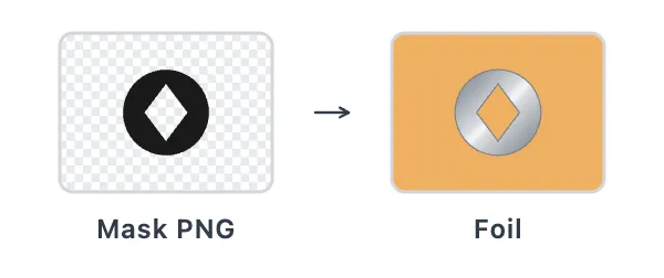 A black logo on a transparent background, next to the same logo in silver foil on a printed panel