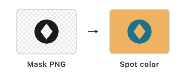 A black logo on a transparent background, next to the same logo printed in a spot color on a panel