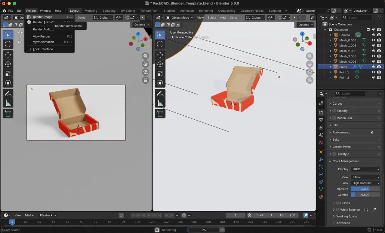 The mailer box model imported into the free Blender template, with Render Image selected from Blender's Render menu