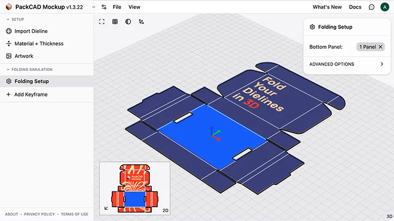 PackCAD Mockup Folding Setup panel with the bottom panel selected and highlighted in blue on the dieline