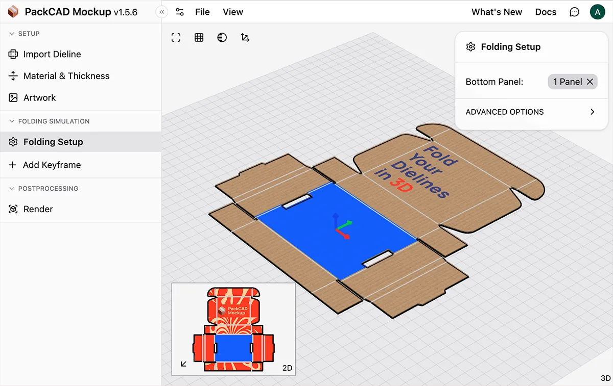 PackCAD Mockup Folding Setup panel with the bottom panel selected and highlighted in blue on the dieline