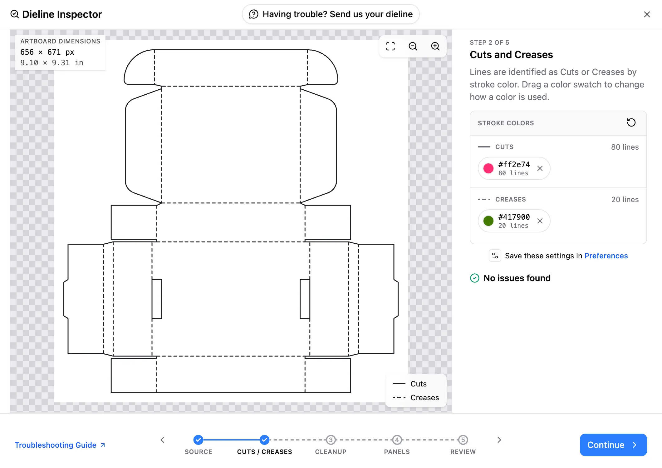 The same Cuts and Creases step after moving the pink color to Cuts and the green color to Creases, with cuts drawn as solid black lines, creases as dashed black lines, and no issues found