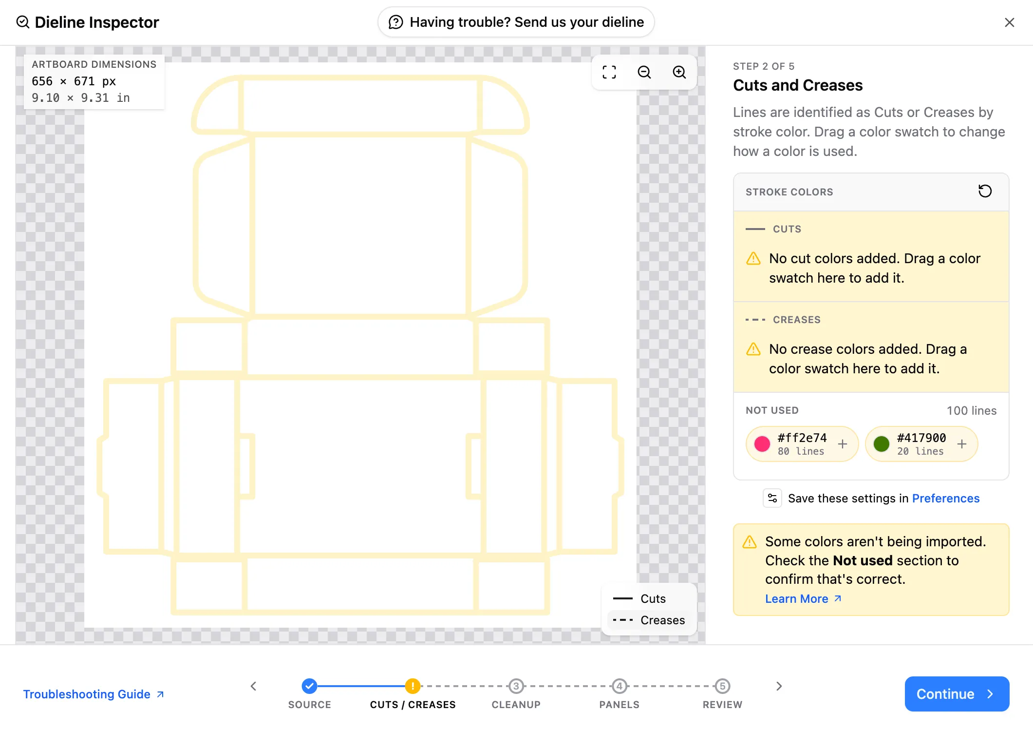 The Dieline Inspector's Cuts and Creases step with no cut or crease colors added, both of the dieline's stroke colors listed under Not used, the dieline highlighted in yellow, and the warning that some colors aren't being imported