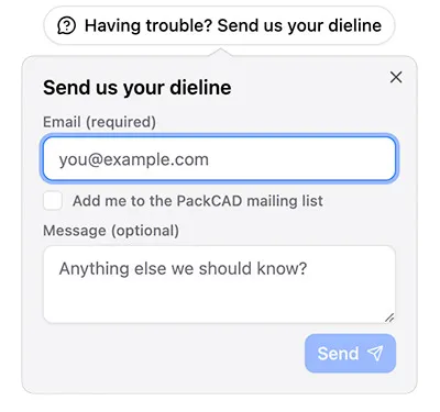 The Dieline Inspector's "Send us your dieline" dialog with fields for email and an optional message and a Send button