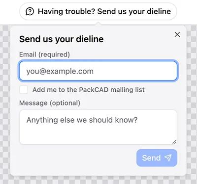The Dieline Inspector's "Send us your dieline" dialog with fields for email and an optional message and a Send button