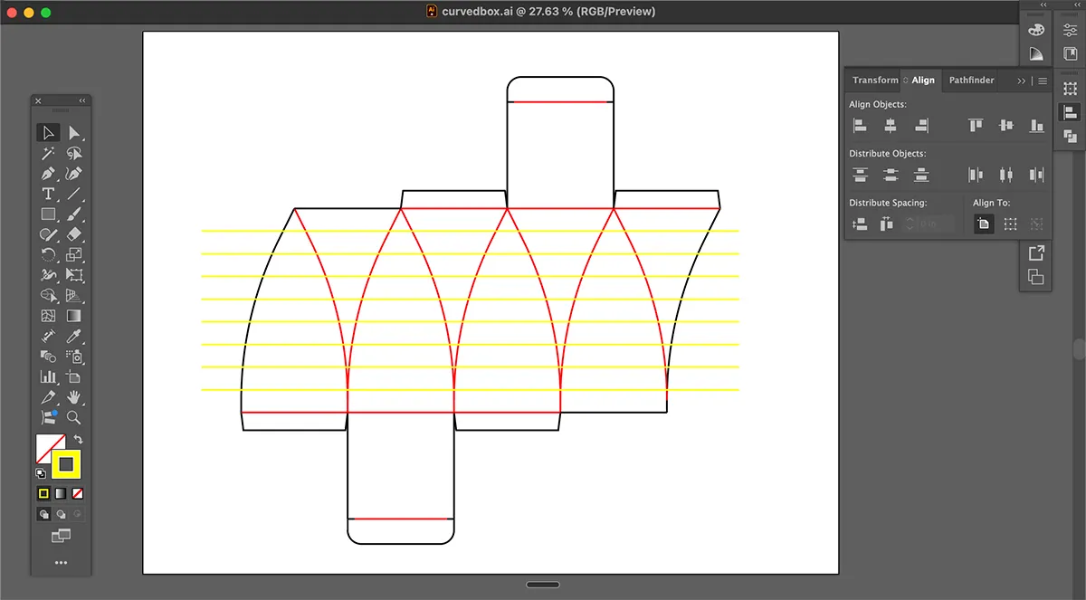 Packaging dieline with curved creases in Adobe Illustrator with yellow subdivision creases drawn across the bending panels