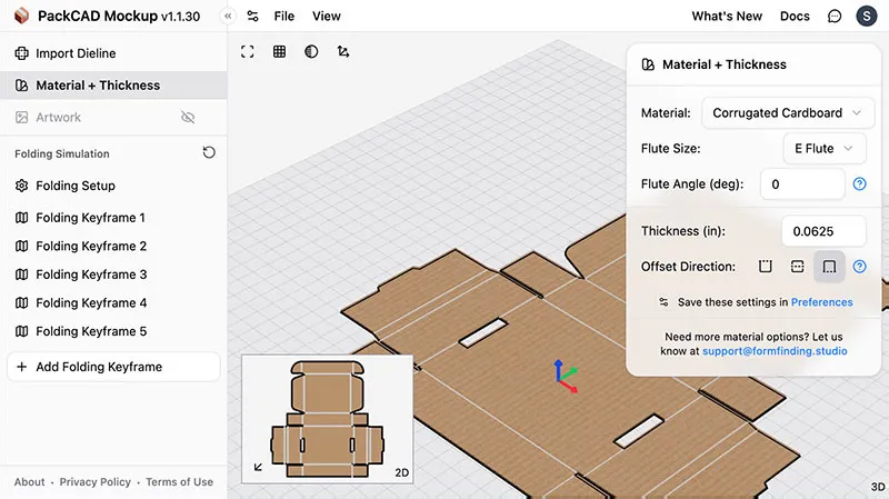 Material + Thickness detail menu showing material type, flute size, thickness input, and offset direction controls