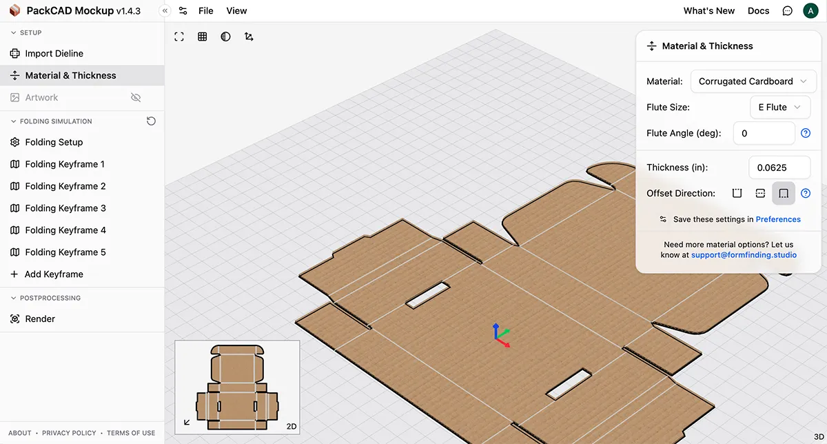Material & Thickness detail menu showing material type, flute size, thickness input, and offset direction controls