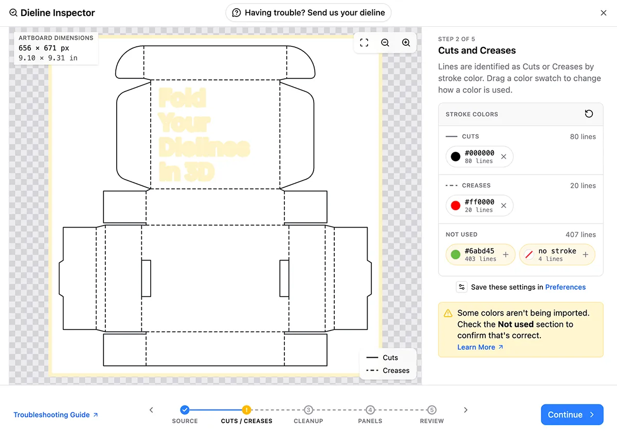 The Dieline Inspector showing a dieline that still contains artwork text