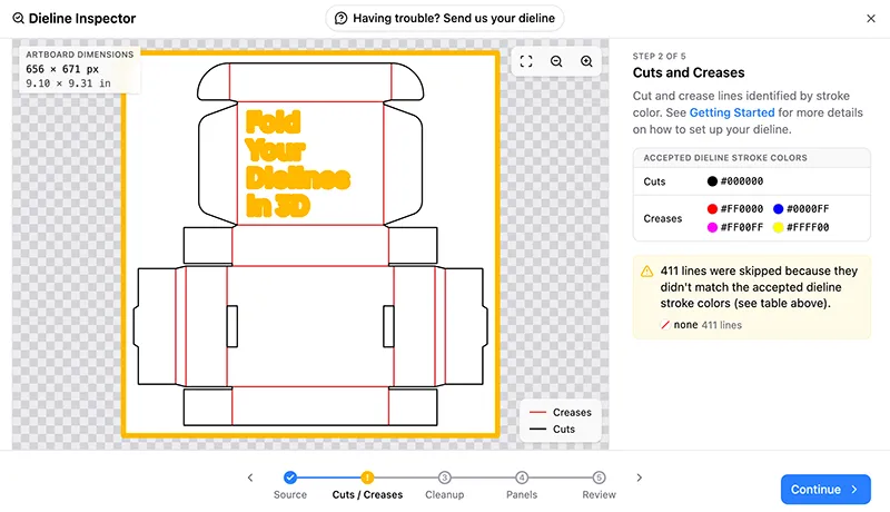 The Dieline Inspector showing a dieline that still contains artwork text, with a warning that 411 lines were skipped because they didn't match the accepted dieline stroke colors