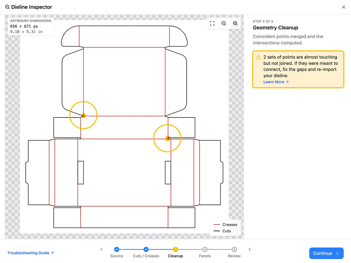 PackCAD Mockup's Dieline Inspector highlighting two unjoined points on an imported dieline