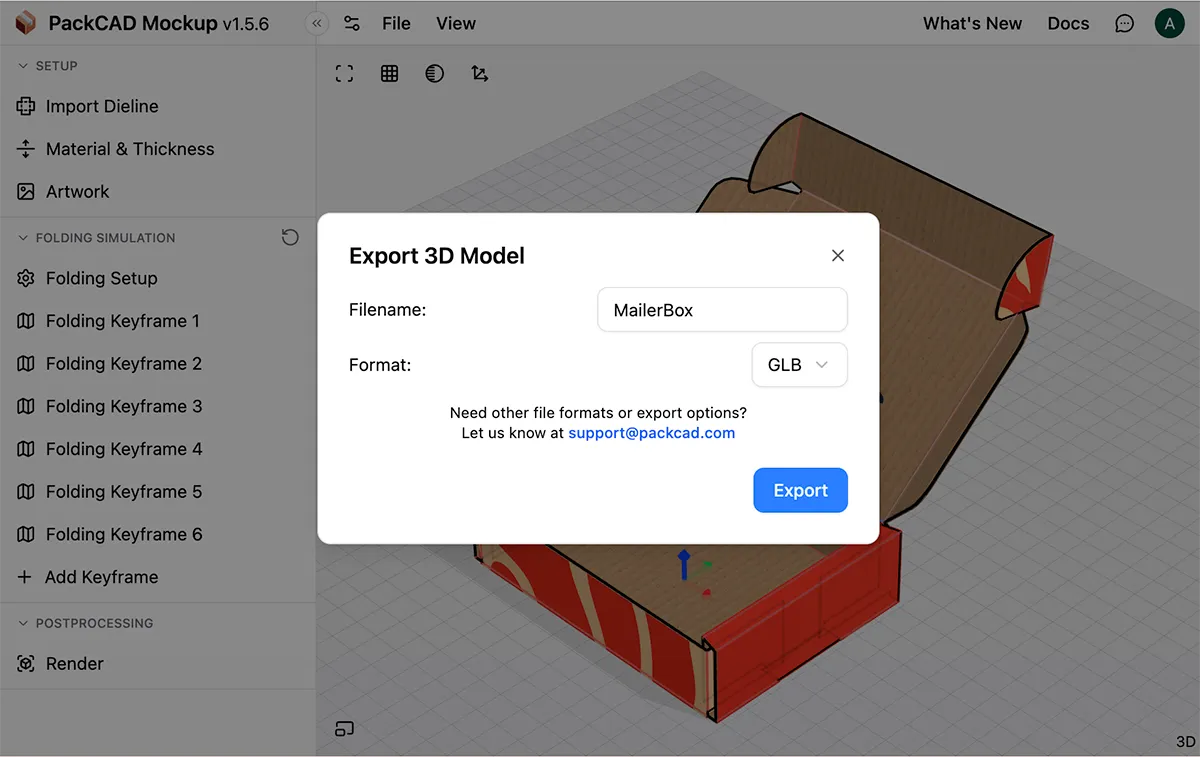 PackCAD Mockup Export 3D Model dialog with the filename set to MailerBox and format set to GLB, shown over the folded box in the 3D viewer