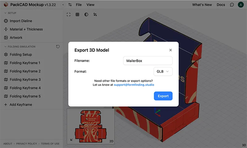 PackCAD Mockup Export 3D Model dialog with the filename set to MailerBox and format set to GLB, shown over the folded box in the 3D viewer