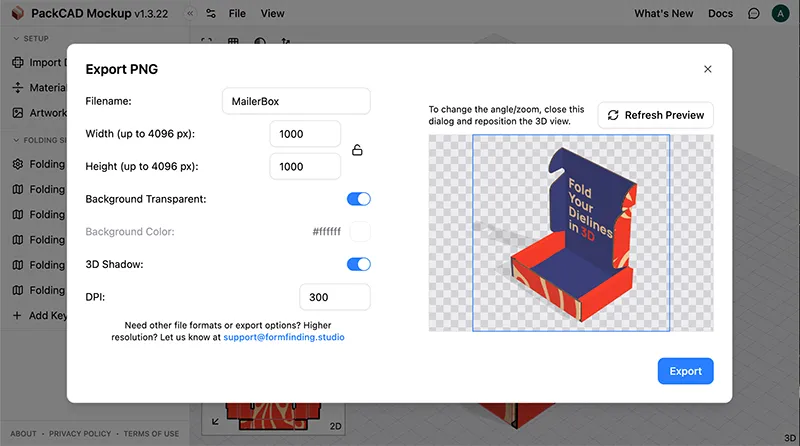 PackCAD Mockup Export PNG dialog with width and height set to 1000 pixels, transparent background enabled, 3D Shadow enabled, DPI set to 300, and a preview of the rendered mailer box on a checkered transparency background