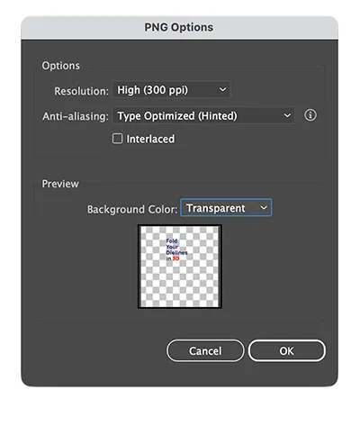 Illustrator PNG Options dialog saving a PNG with transparent background