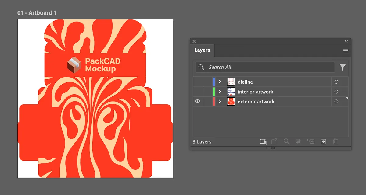 Illustrator showing the exterior artwork layer visible — a colorful background extended to bleed lines with logo — with the dieline layer hidden
