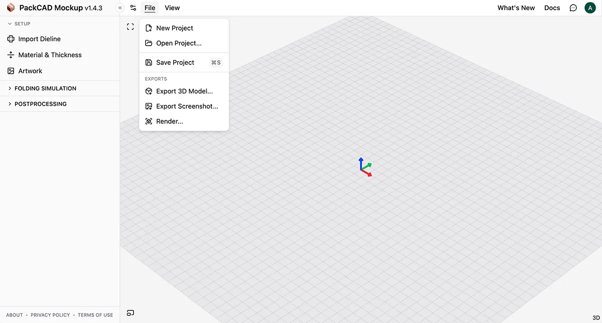 File menu open showing New Project, Open Project, Save Project, Export 3D Model, Export Screenshot, and Render options
