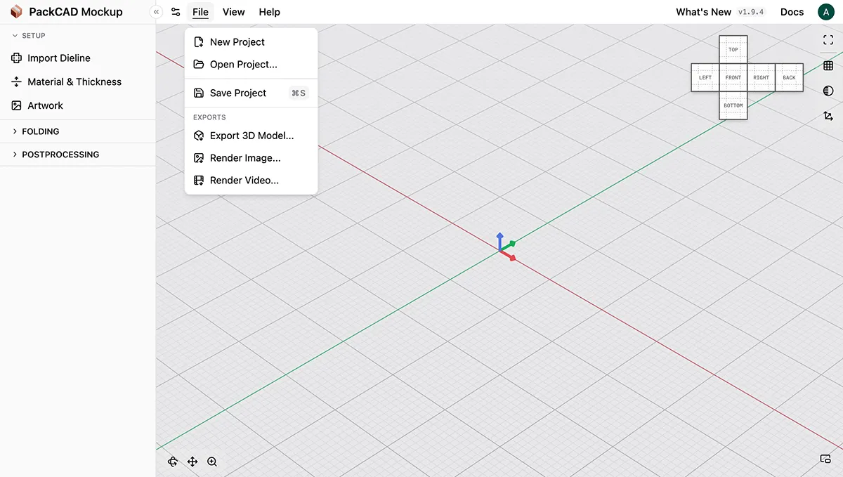 File menu open showing New Project, Open Project, Save Project, and the Exports group with Export 3D Model, Render Image, and Render Video