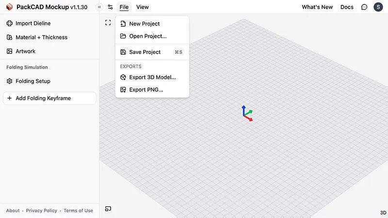 File menu open showing New Project, Open Project, Save Project, Export 3D Model, and Export PNG options