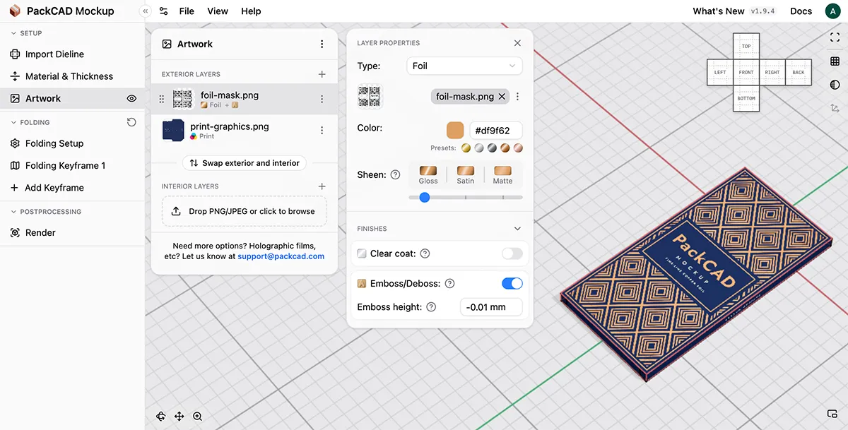 Layer properties for a copper foil layer with the Finishes section open, Clear coat off and Emboss/Deboss on with an Emboss height of -0.01 mm, next to the foil-printed box in the 3D view
