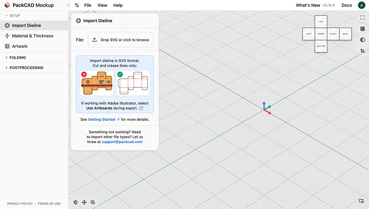 PackCAD Mockup interface showing the header at top, the left menu with operations, the 3D view with its toolbar and navigation control in the top-right corner, and the Import Dieline detail menu open beside the left menu
