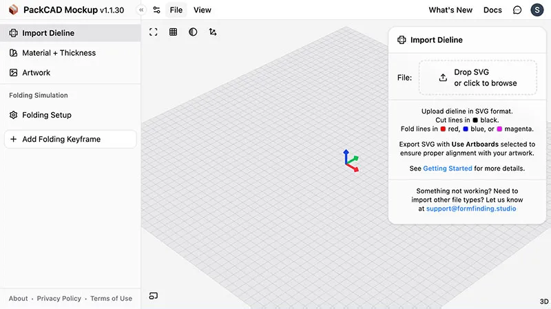 PackCAD Mockup interface with all four areas labeled: header at top, left menu with operations, 3D view in the center, and Import Dieline detail menu on the right