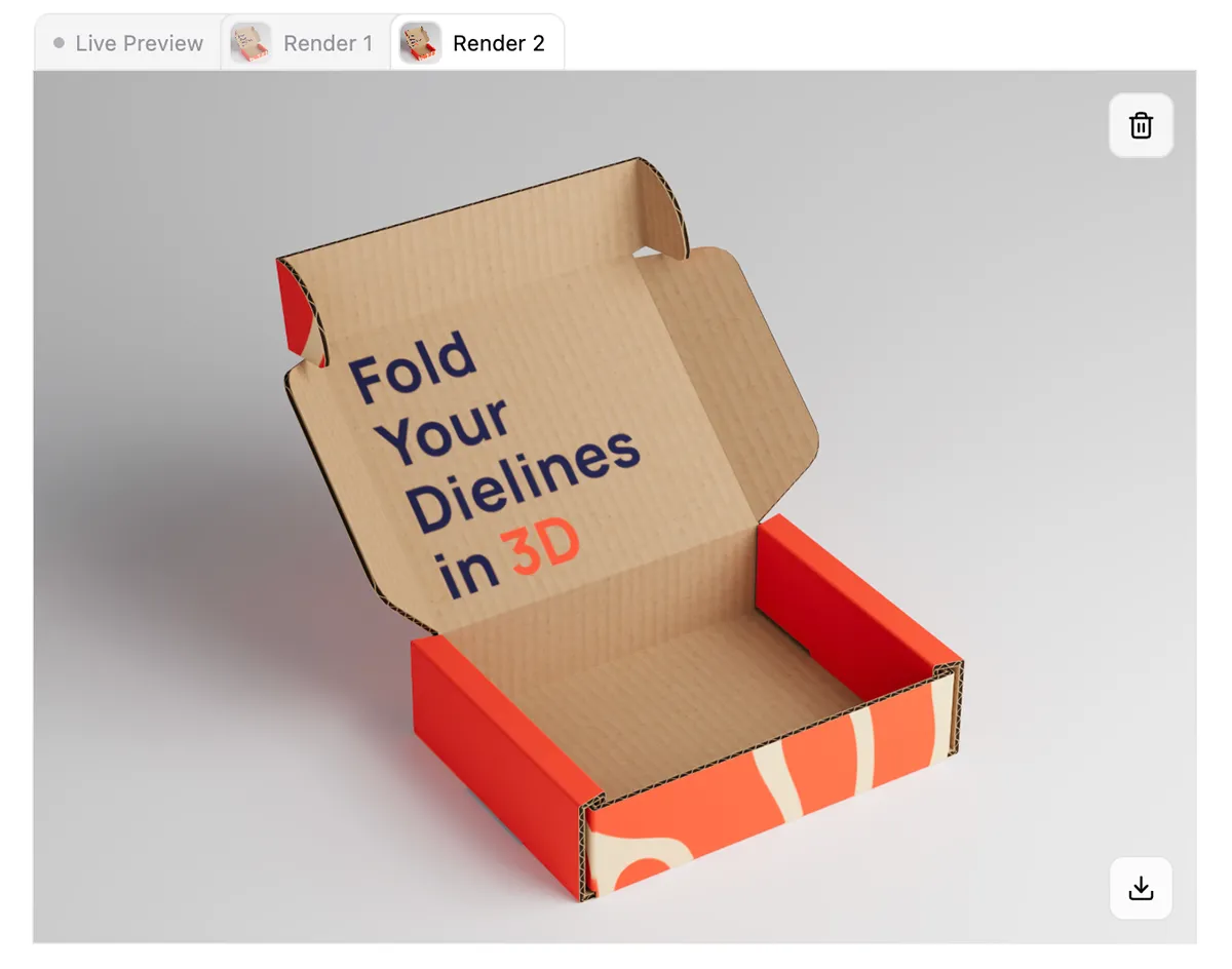 Render gallery tabs above the image, with three saved renders and Render 6 selected showing its delete and download buttons