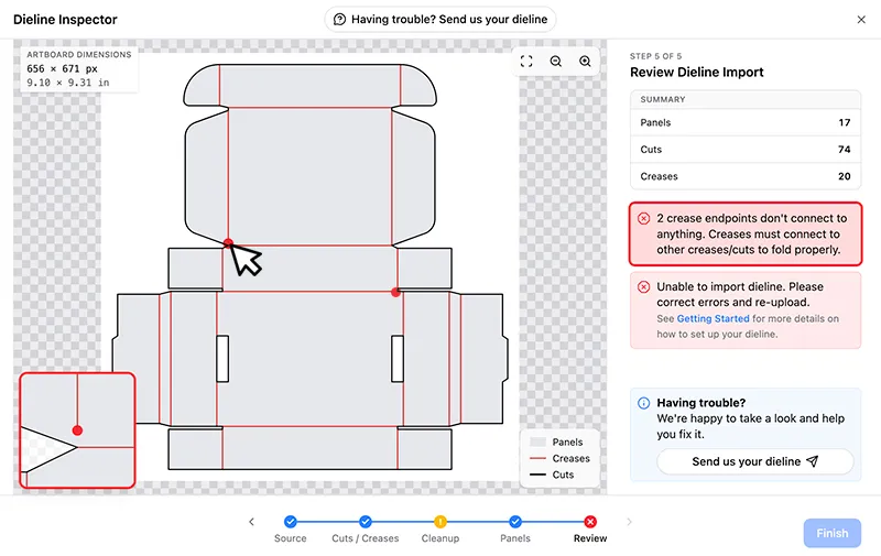 PackCAD Mockup's Dieline Inspector on the Review Dieline Import step, showing the imported mailer box dieline with an error that one crease endpoint doesn't connect to anything, and a zoomed inset highlighting the disconnected crease endpoint in red
