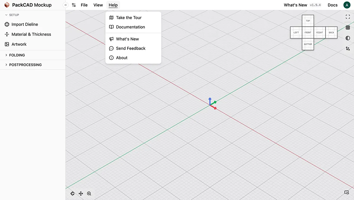 Help menu open showing Take the Tour, Documentation, What's New, Send Feedback, and About