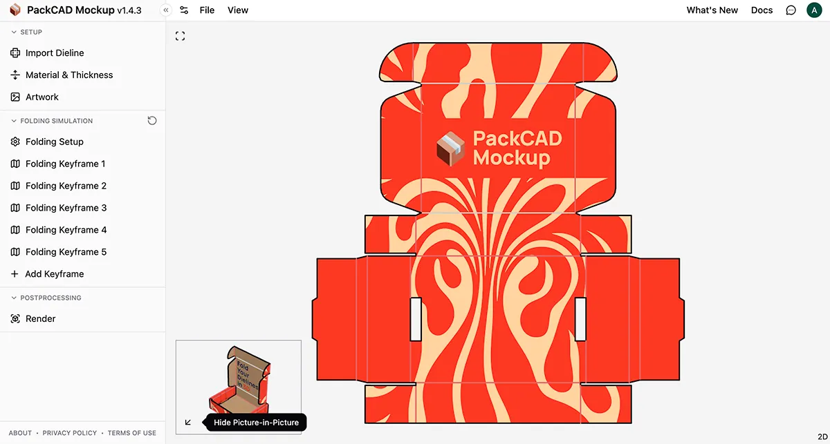 Folded Model view with a 2D picture-in-picture in the bottom-left corner showing the Hide Picture-in-Picture tooltip