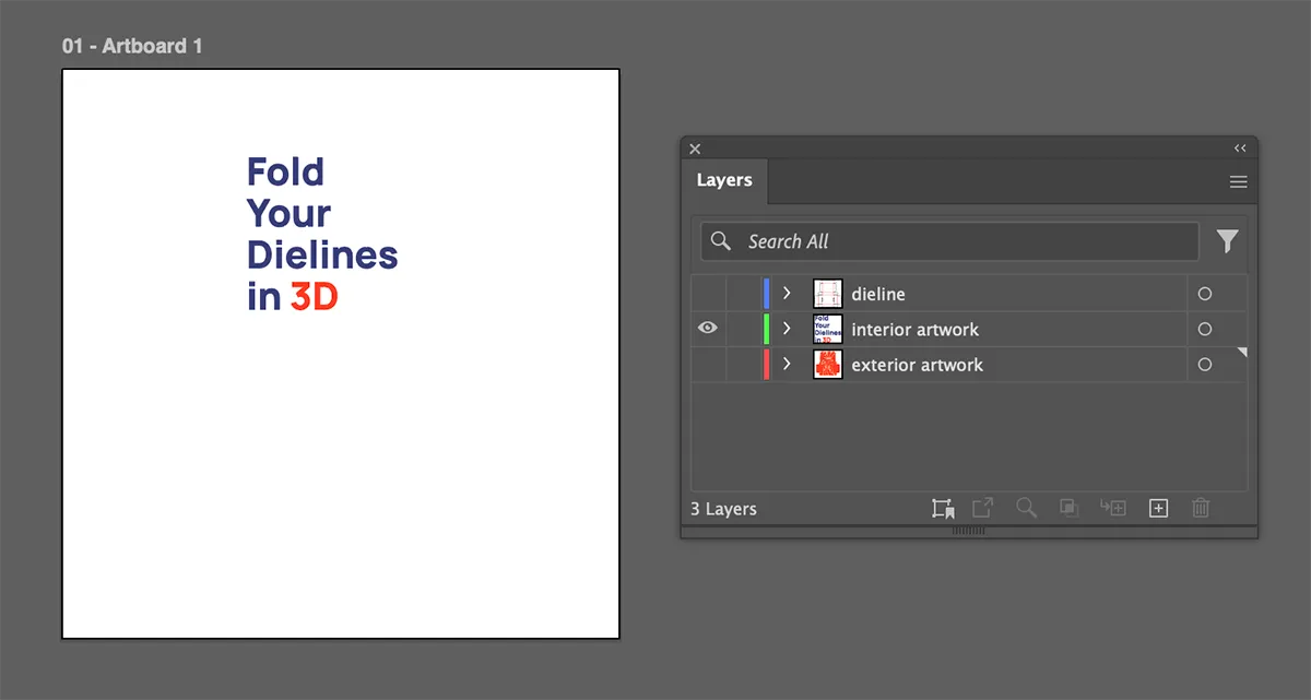 Illustrator showing the interior artwork layer visible — a transparent background with text — with the dieline layer hidden