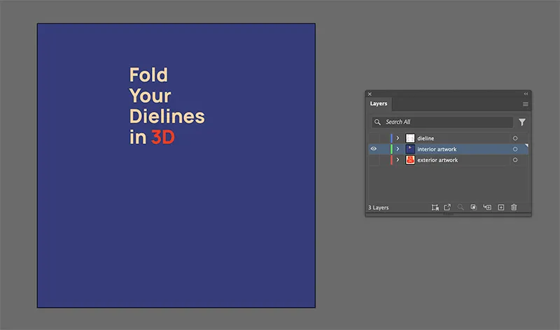 Illustrator showing the interior artwork layer visible — a dark blue background with mirrored "Fold Your Dielines in 3D" text — with the dieline layer hidden