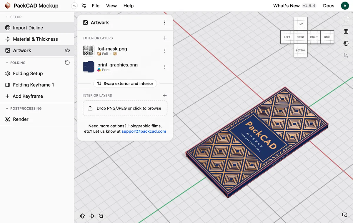 The Artwork detail menu with a foil layer above a print layer in the Exterior layers stack and an empty Interior layers stack, next to the foil-printed box in the 3D view