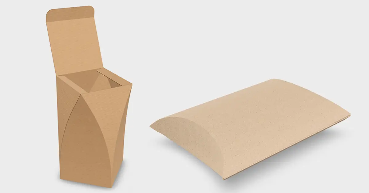A pillow box and a curved-panel carton, both folded from flat dielines along curved creases