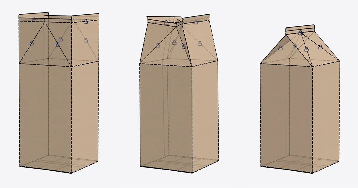 Three stages of a milk carton folding simulation — sides folded up, top partially folded, and fully closed