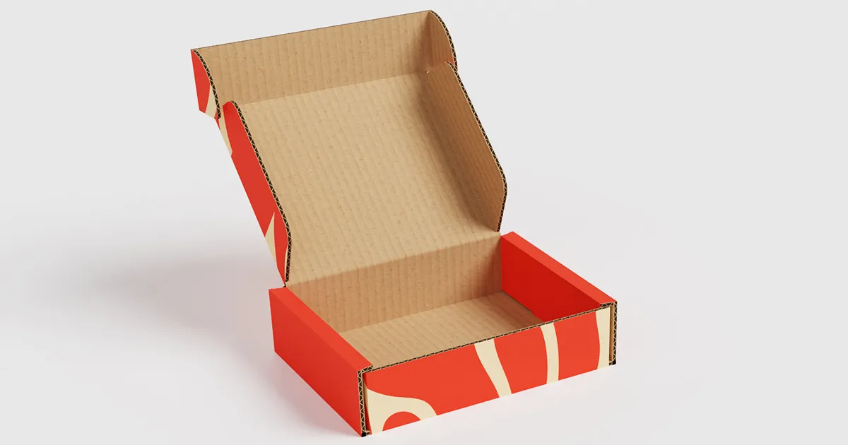 Photorealistic 3D rendering of a mailer box on a white studio backdrop, created with PackCAD Mockup and Blender