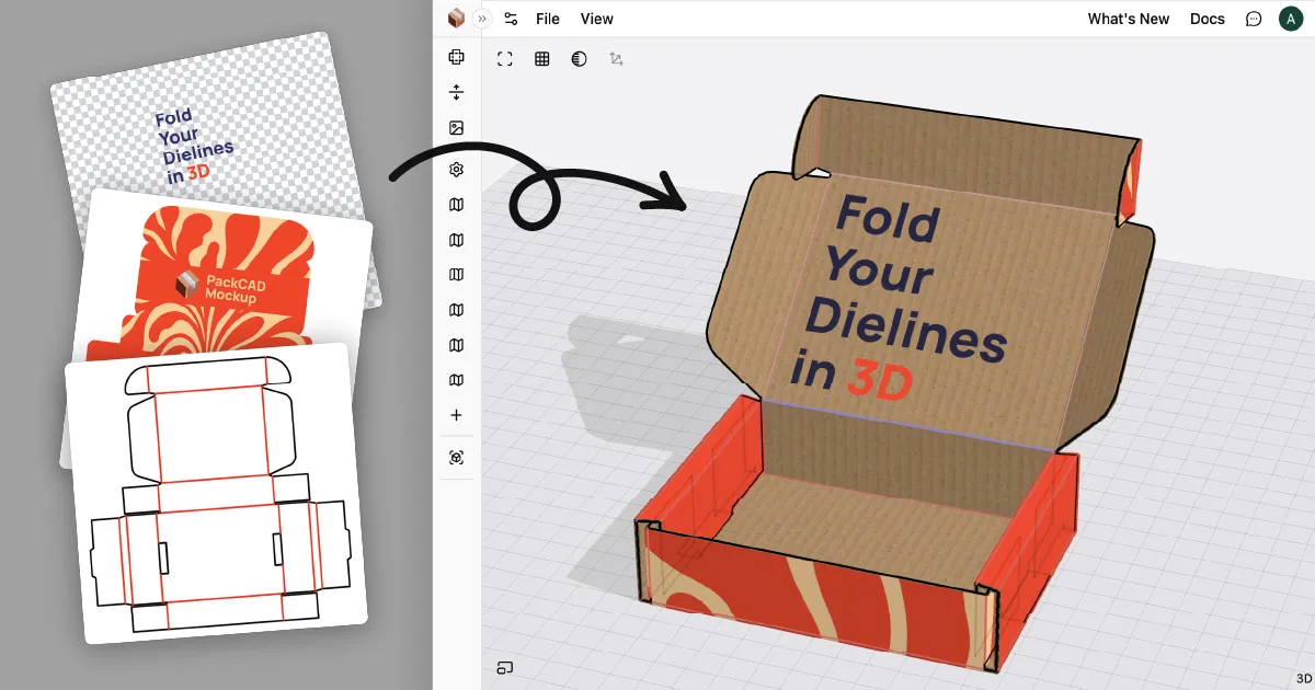 A flat mailer box dieline with interior and exterior artwork layers, and an arrow pointing to the folded 3D mockup rendered in PackCAD Mockup