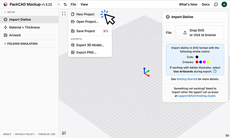 PackCAD Mockup with the File menu open and the cursor selecting New Project, and the Import Dieline panel on the right prompting to drop an SVG file