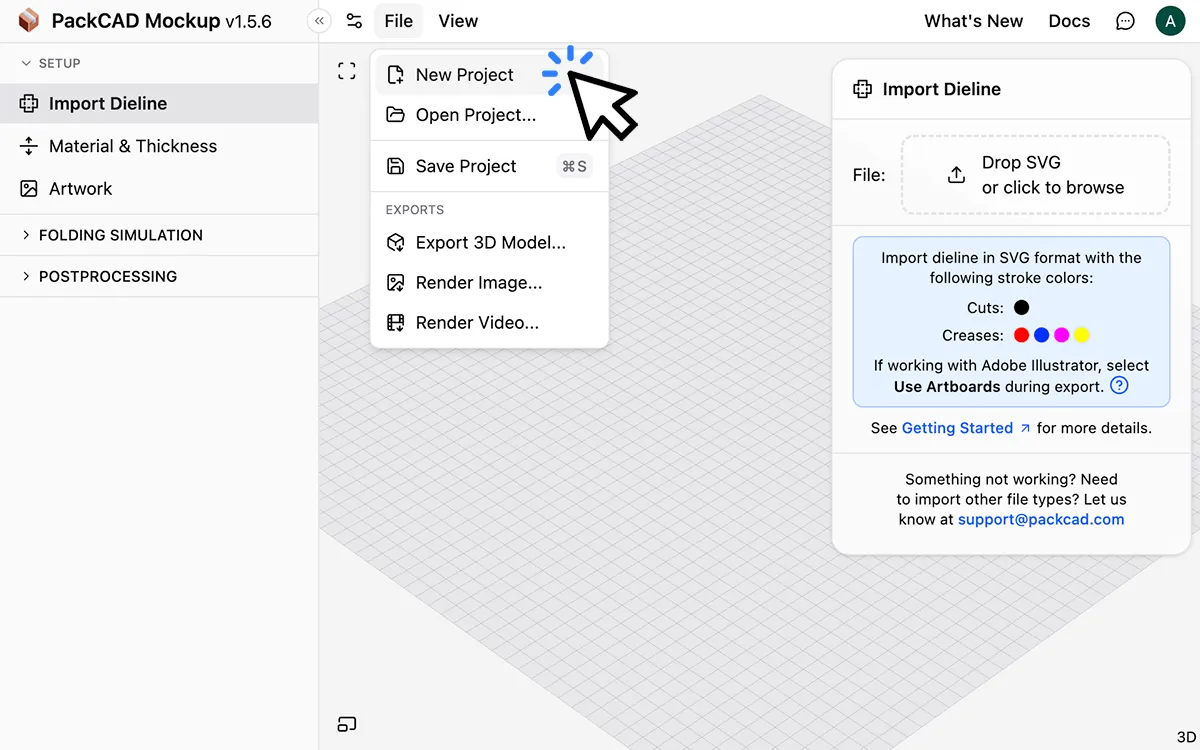 PackCAD Mockup with the File menu open and the cursor selecting New Project, and the Import Dieline panel on the right prompting to drop an SVG file