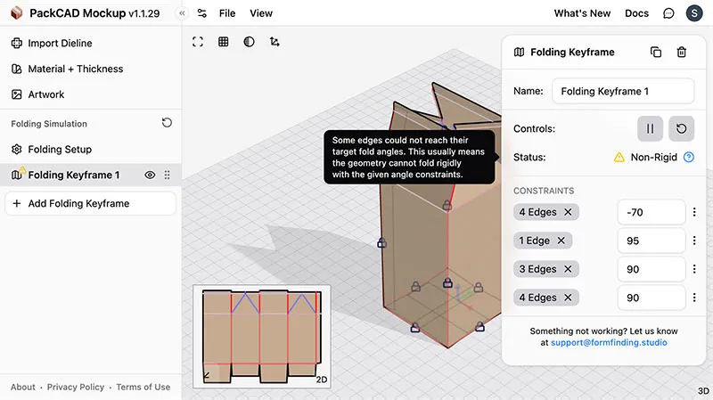 Non-Rigid status warning with tooltip explaining that some creases could not reach their target fold angles