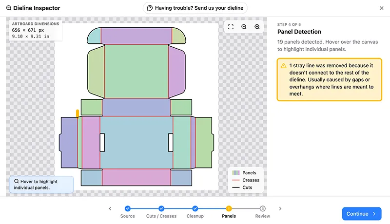 The Dieline Inspector's Panel Detection step with panels colored in, warning that one stray line was removed because of an overhang where lines should meet