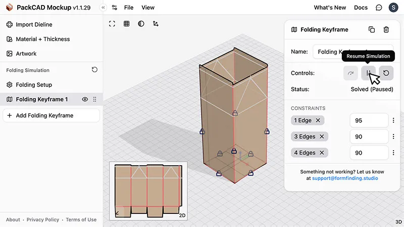 Folding Keyframe menu with simulation controls showing step, pause, and reset buttons, with status showing "Solved (Paused)"